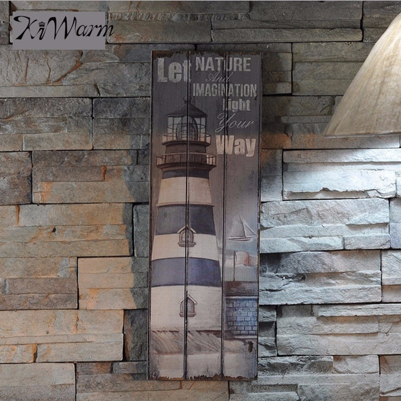 Rustic Wooden Sign Plaque Wall Art Picture Nautical Decor Anchor Lighthouse Design for Home Bar Decor Wood Crafts 20cm x 60cm
