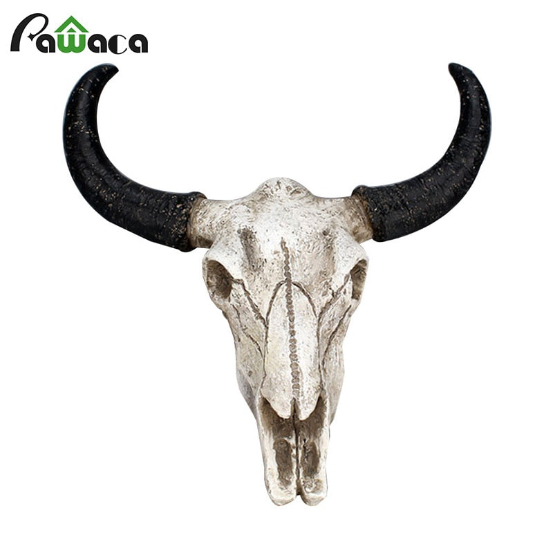 Resin Longhorn Cow Skull Head Wall Hanging Decor 3D Animal Wildlife Sculpture Figurines Crafts Horns for Home Halloween Decor