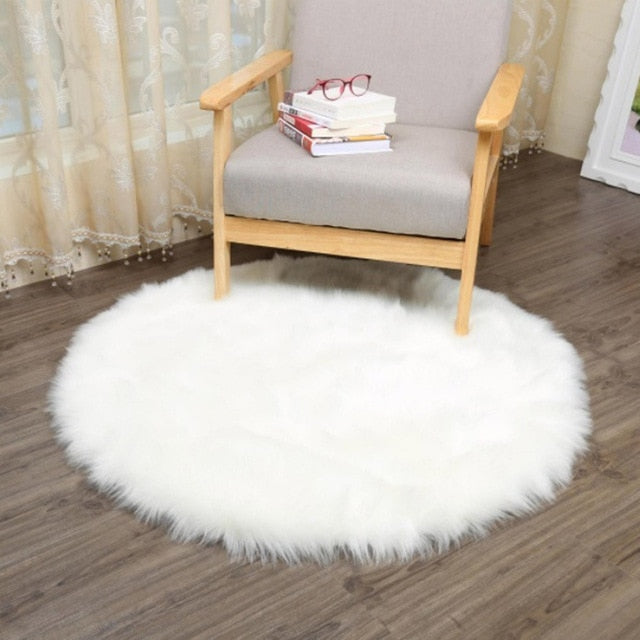 Round Faux Fur Carpet Chair Cover Bedroom Faux Mat Seat Pad Plain Skin Fur Plain Fluffy Area Rugs Washable Home Decor